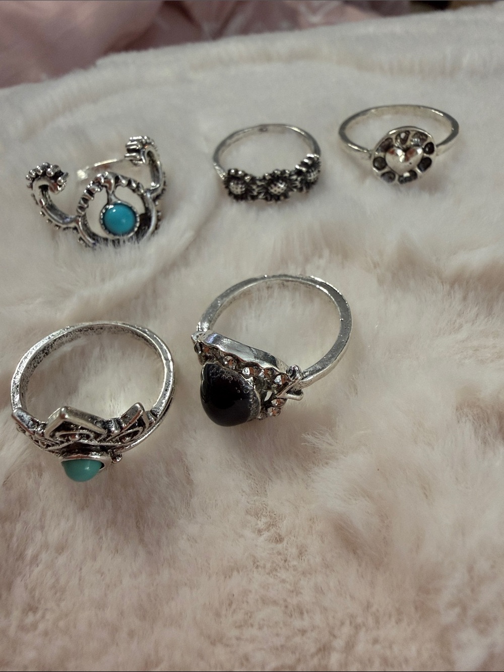 Silver-Tone Women's Ring Set with Turquoise and Black Stones